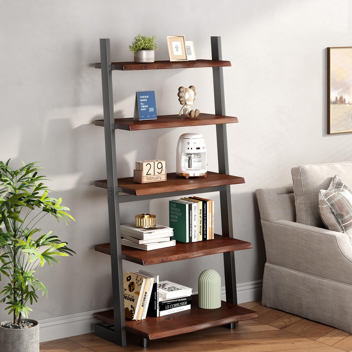 IBF 5-Tier Solid Wood Ladder Bookshelf with Natural Live Edge