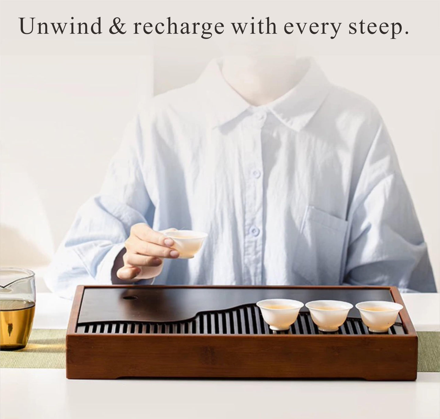 Bamboo Tea Tray & Table Set - Chinese Gongfu Tea Serving Tray with Tea Brush, Compact & Portable (11.8 Inch)