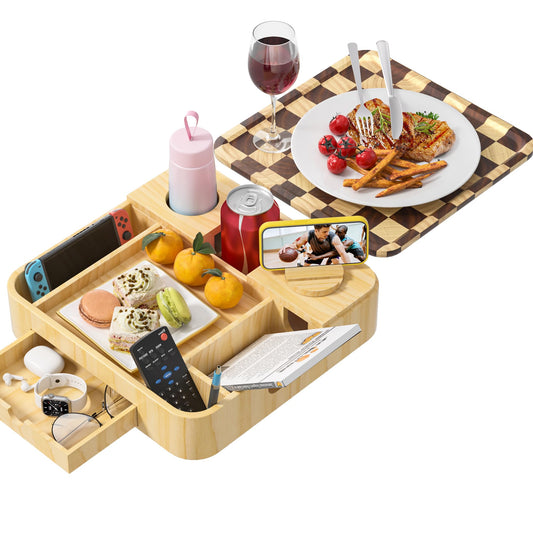 Couch Cup Holder, Checkered Couch Tray Cup Holder Sofa Tray, Large Capacity 2-Tier Wooden Trays with Drawer for Sofa, Bed, Picnic, Drinks, Remote, Cell Phone,TV Trays (Solid Pine Wood)12.5*12.5 in