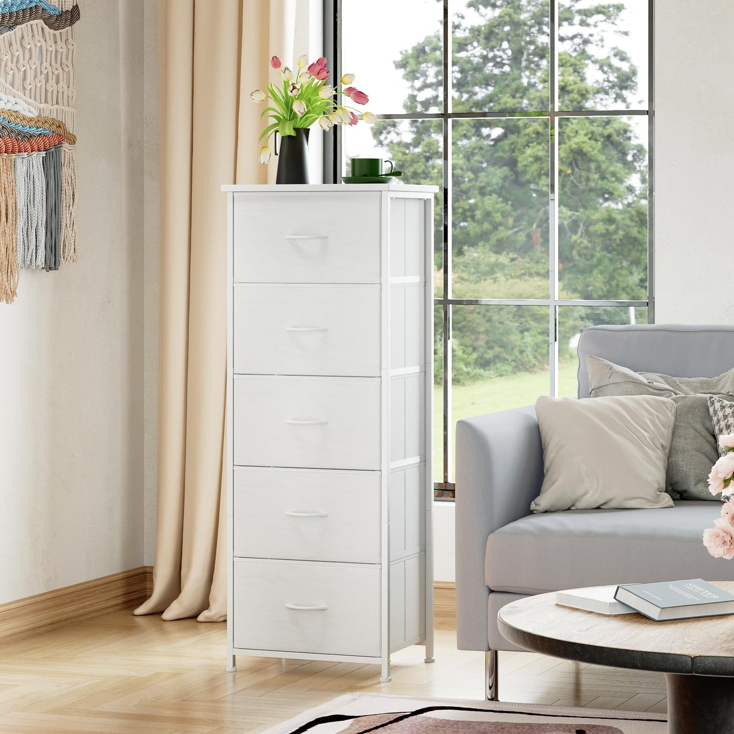 Somdot Tall Dresser for Bedroom with 5 Drawers, Storage Organizer Chest of Drawers with Removable Fabric Bins for Closet Bedside Living Room Laundry Entryway Hallway, White Leather