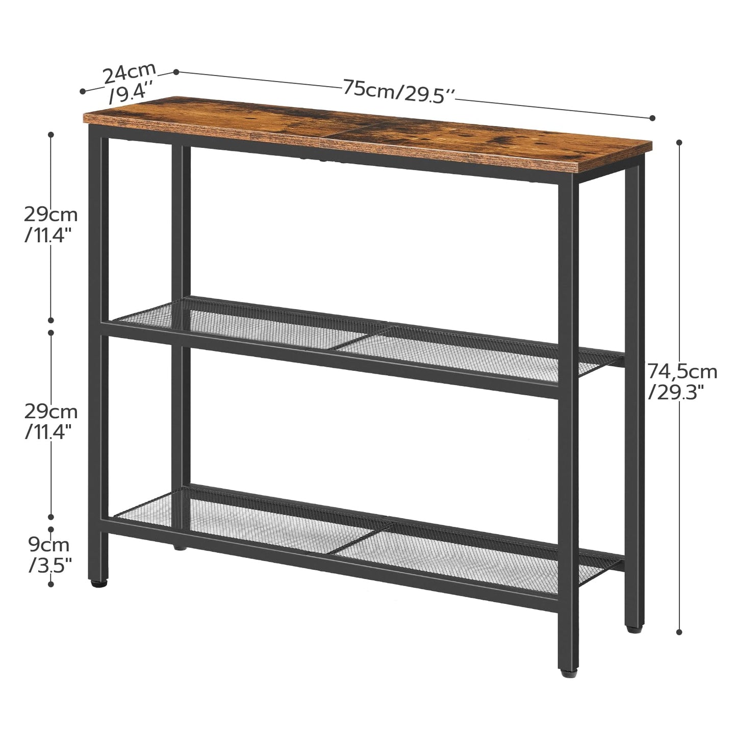 HOOBRO 29.5" Narrow Console Table, 3-Tier Entryway Table, Thin Sofa Table with Shelves, Side Table, Display Table, for Hallway, Entrance, Living Room, Bedroom, Rustic Brown and Black BF73XG01