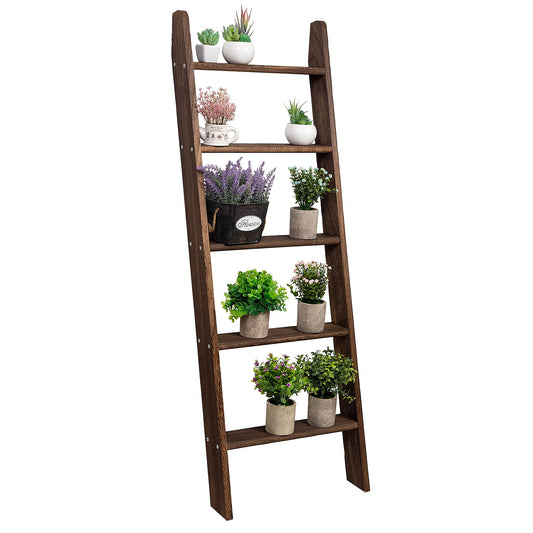 HiddenHomeWor Rustic 5-Tier Wall-Leaning Wood Loadder Towel Racks for Bathroom Livingroom Kithen Office Woden Farmhouse Ladder-Style Blanket Rack Multipurpose Organizer Rack for Home (Brown)