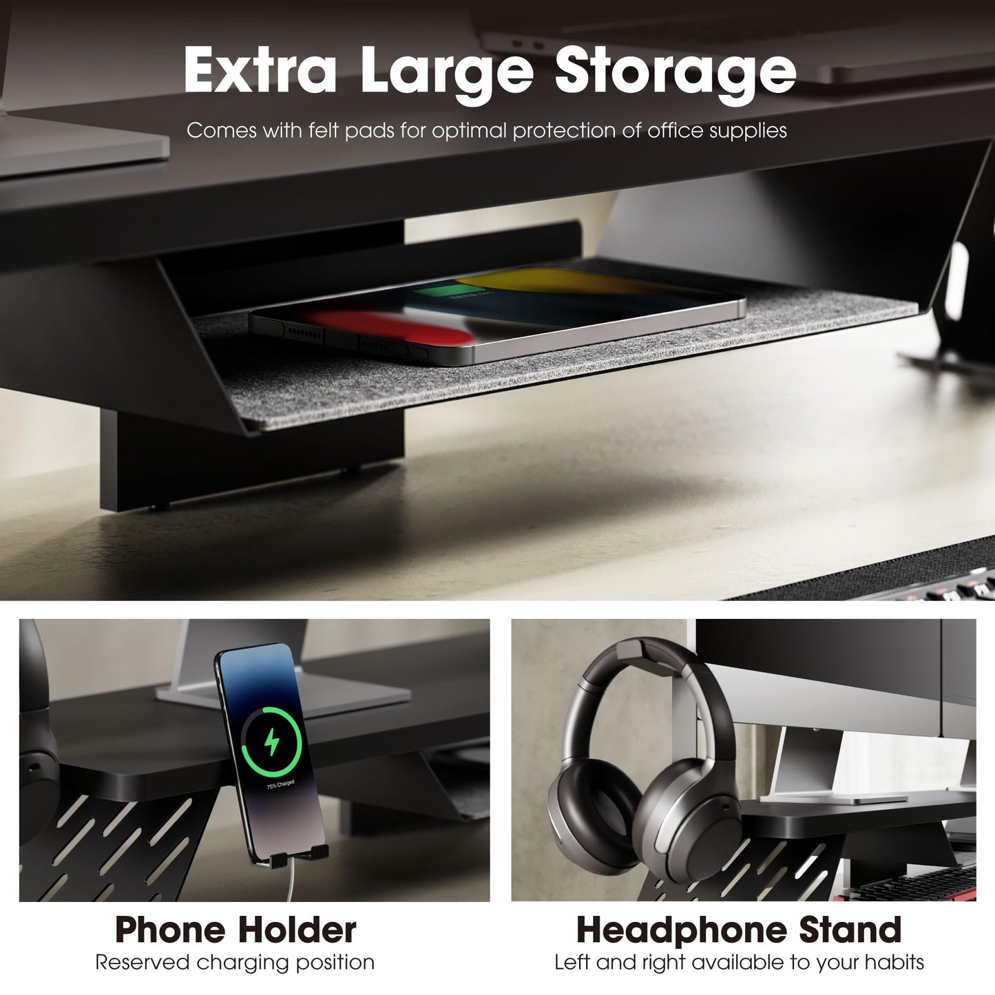 Fenge Dual Monitor Stand, 42.5 Inch Monitor Riser for Desk, Wood Desk Shelf for 2 Monitors, 2 Tier Monitor Shelf with Headphone Stand & Phone Holder