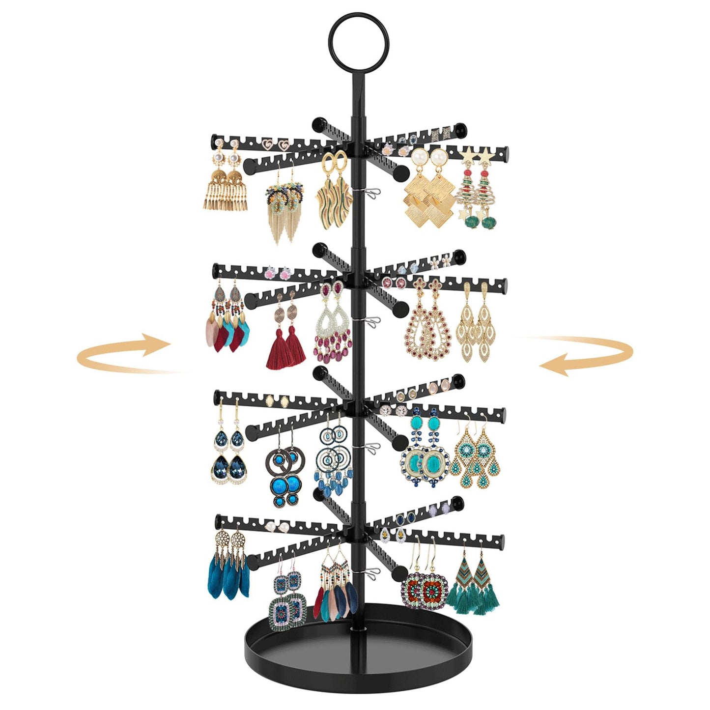 MODOWEY 4 Tier Metal Rotating Earring Holder Organizer Stand Adjustable Display Tree for Women, 384 Holes and Grooves Rack Tower for Pierced Dangle, Large Capacity Space-Saving Jewelry Hanger, Black