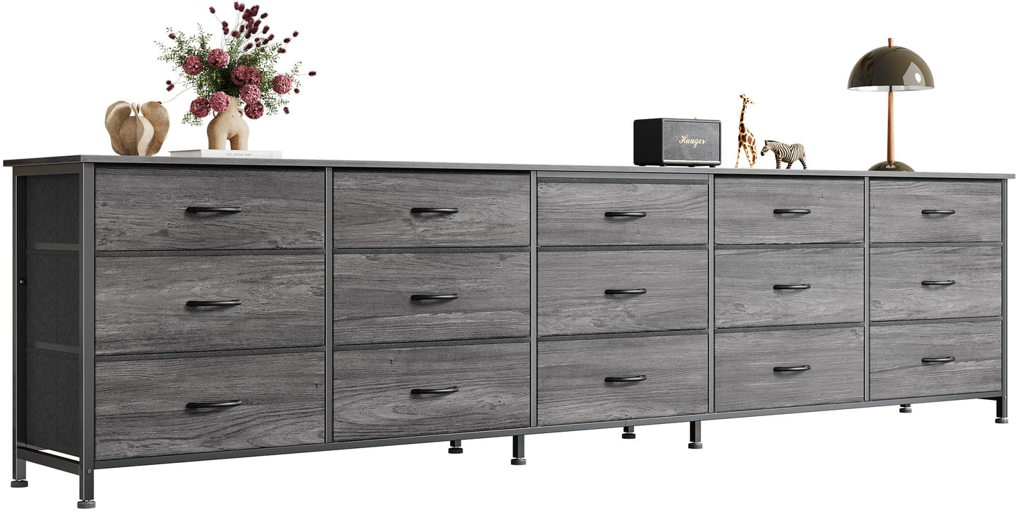 Huuger 86.6 Inch Dresser for Bedroom, TV Stand for 65, 75, 85 Inch TV, 15 Fabric Drawer Long Dresser, Large Entertainment Center for Bedroom, Wide Chest of Drawer with Storage, Grey