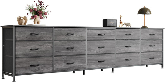 Huuger 86.6 Inch Dresser for Bedroom, TV Stand for 65, 75, 85 Inch TV, 15 Fabric Drawer Long Dresser, Large Entertainment Center for Bedroom, Wide Chest of Drawer with Storage, Grey