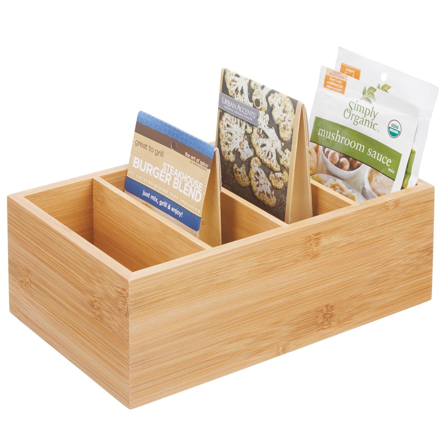 mDesign Bamboo Wood Compact Food Storage Organizer Bin Box - 4 Divided Sections - Holder for Seasoning Packets, Pouches, Soups, Spices, Snacks - Natural