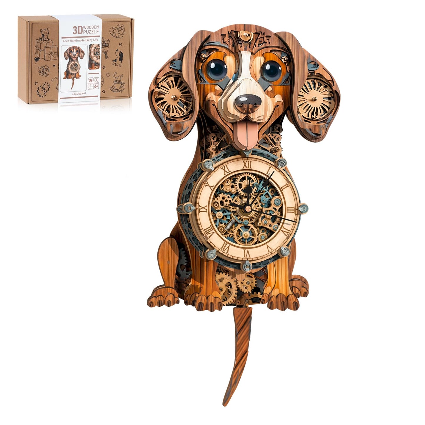 3D Wooden Puzzles for Adults, Dachshund Clock with Pendulum Model Kit, 3D Puzzles for Adults Room Home Decor DIY Wall Clock Kit, Holiday Birthday Christmas Day Gifts for Men Women Teens