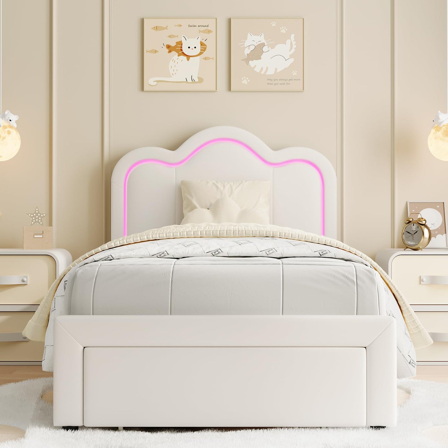 GarveeHome Twin Upholstered LED Bed Frame with Headboard and Storage Drawer, PU Leather Princess Platform Bed Frame for Kids, Wooden Slats Support, No Box Spring Needed (Cream)