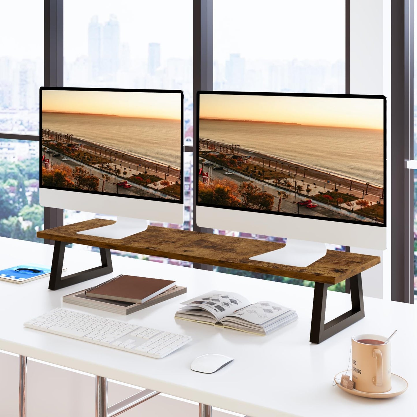 TEAMIX 31.5 inch Dual Monitor Riser for 2 Monitors, Long Monitor Stand Riser TV Stand Riser Monitor Stand for Desk Wood & Steel Desktop Riser Desk Organization Home Office