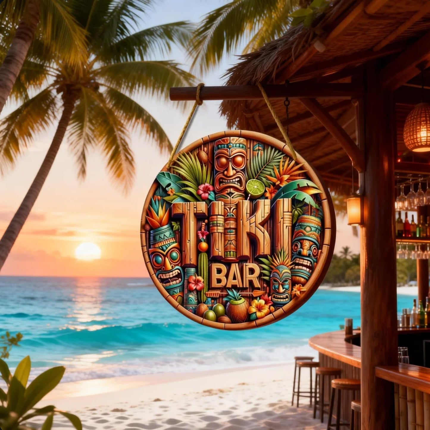 Tiki Bar Sign, Wooden Printed Tiki Decor Round Signs, Outdoor Signage with Tiki Statue (Style 1)