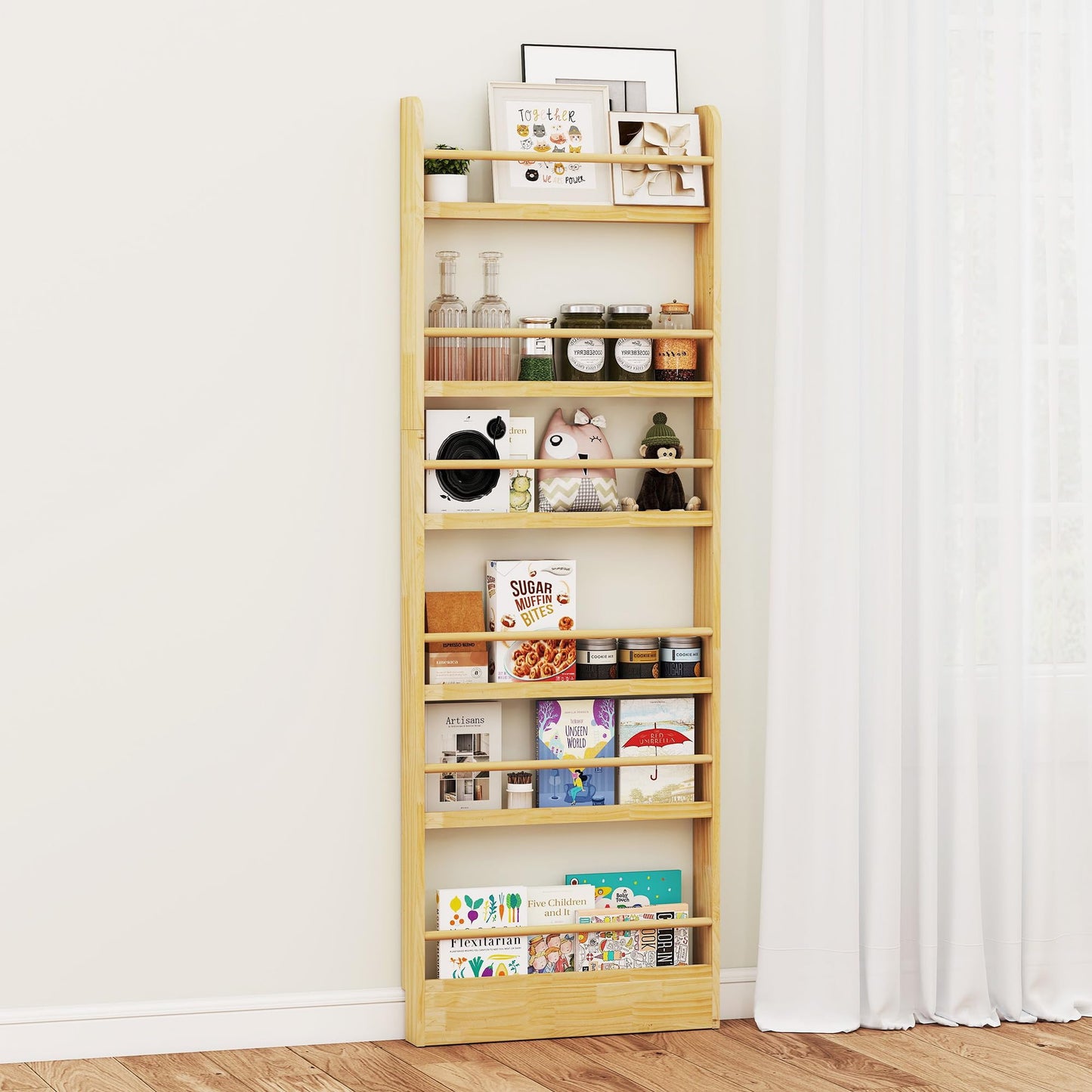 petour 6 Tier Behind The Door Bookshelf, Space Saving Behind The Door Bookcase Wooden Kids Wall Bookcase for Bedroom Living Room Playroom (Wood)