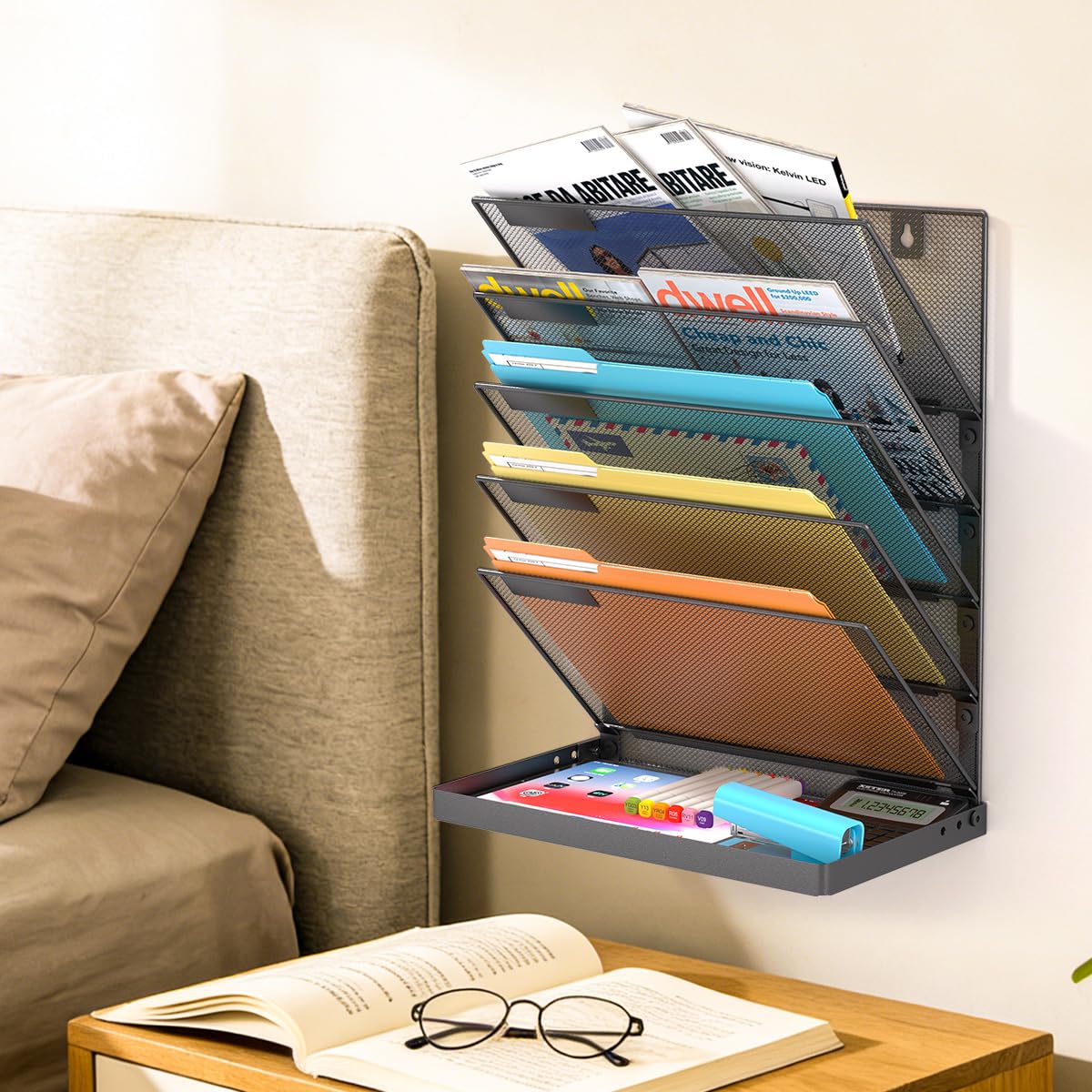 Legal/A4/Letter Size/A3 6 Tier Wall File Organizer,2-in-1 Wall Mounted&Desktop File Holder,2 Installation Methods Screws & Adhesive,Mesh Document Organizer with Label Plate for Home Office