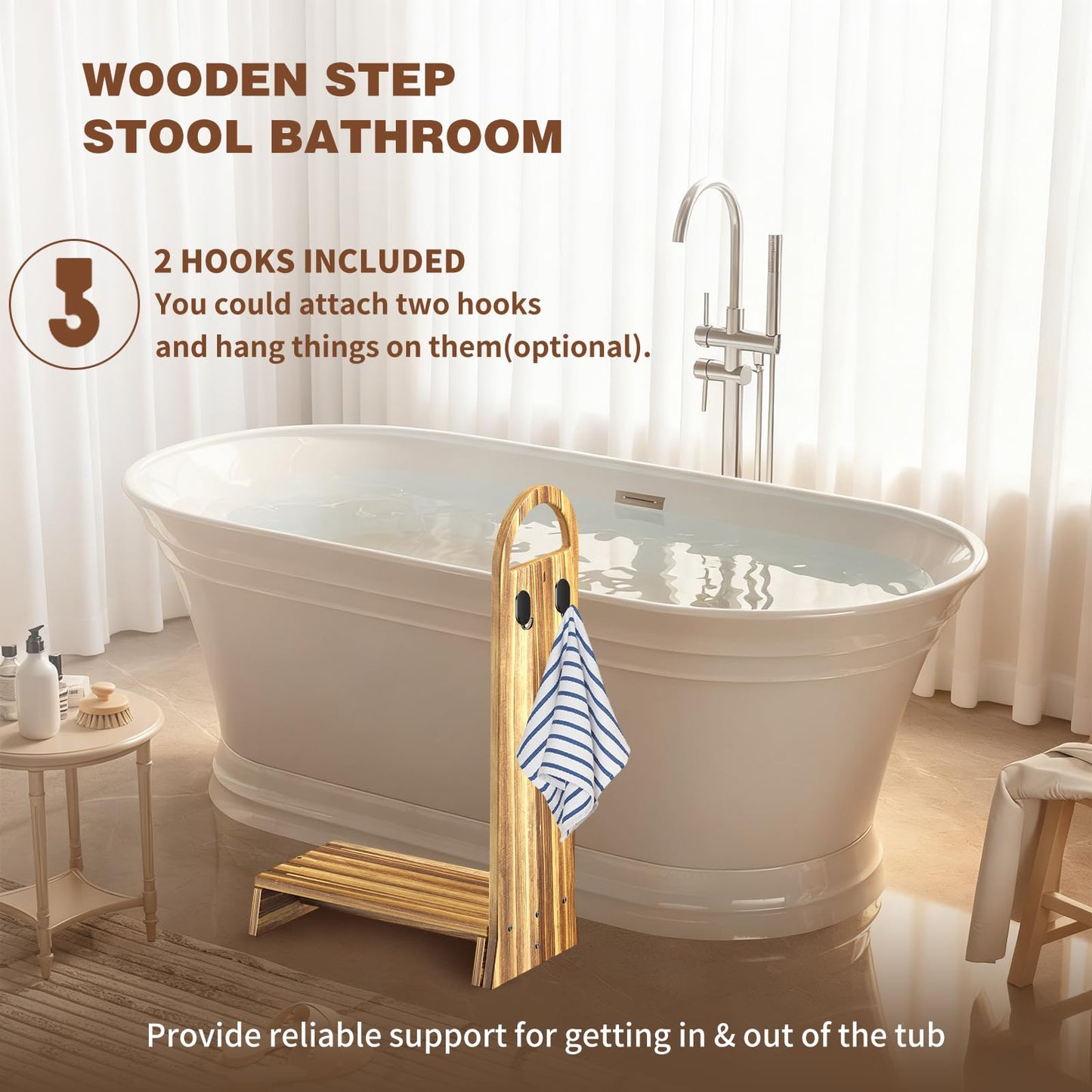 Coocure Wooden One Step Stool with Handle, 5" Height Wooden Step for Bathroom/Kitchen, Solid Wooden Step with trapezoidal feet for Elderly, Adults, Kids to Get in & Out of Bed Easily(440LBs Capacity)