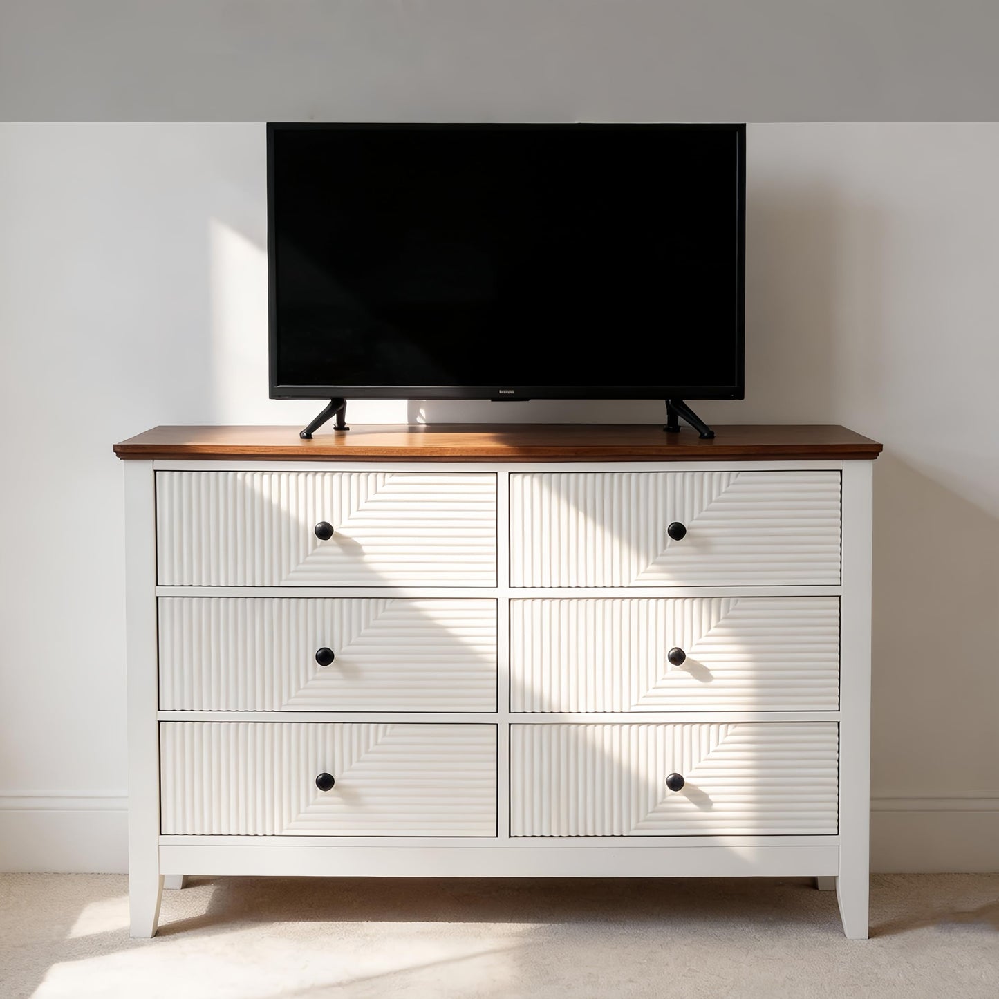 ZOOIQ White 6 Drawer Dresser for Bedroom, 47 Inch Wide Diagonal Grain Grooved Wooden, Brown Panel, Modern TV Stand Storage Cabinet, Suitable for Foyer and Aisle