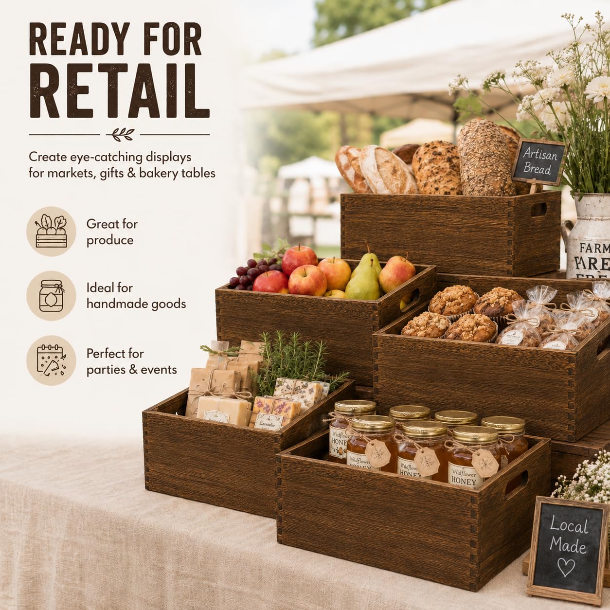 BOY MCOWBOY Wooden Crates for Display 5 Pack Extra Large Rustic Nesting Wooden Basket with Handle, Farmhouse Wood Crate for Storage and Container Multipurpose Wood Basket for Fruits Vegetables Boxes