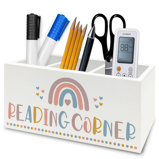 QZQE Boho Reading Corner Pen Pencil Holder Organizer for Desk, Boho Rainbow Bookish Wooden Box Signs Decorations for Reading Nook Corner Room Desk Tabletop, Book Lover Reader Gifts