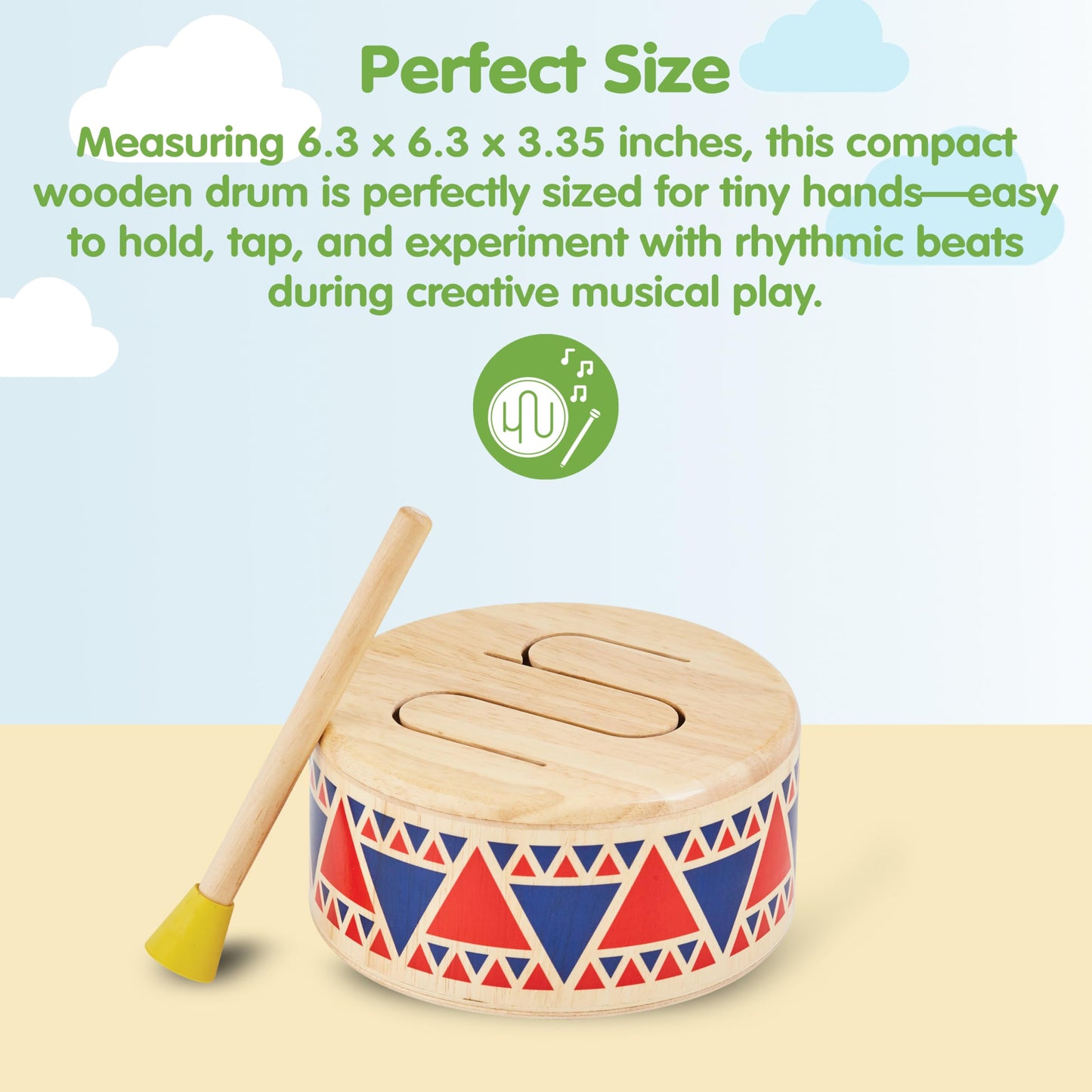 PlanToys® Solid Drum Wooden Musical Toy for Toddlers | Pretend Play Instrument for Kids | Eco-Friendly Percussion Toy for Coordination, Creativity & Early Learning Development