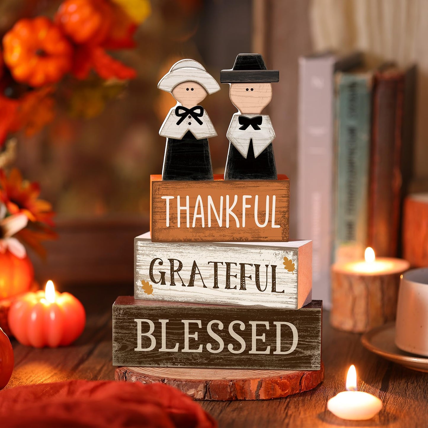 Lineshading 4 Pcs Fall Table Decoration Wooden Pilgrim Couple Decor Thanksgiving Tiered Tray Decor Fall Centerpiece Rustic Decorative Pilgrim Block Signs Gift Farmhouse for Home Kitchen Shelf