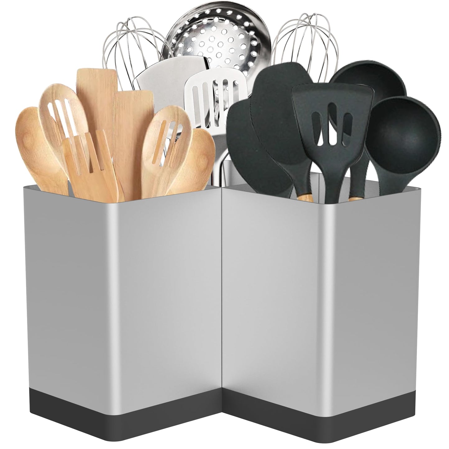 Suli Utensil holder,Kitchen Utensil Organizer for Corner Countertop,Extra Large Silverware Organizer with 3 Compartments,Farmhouse Decor,Iron,Silvery