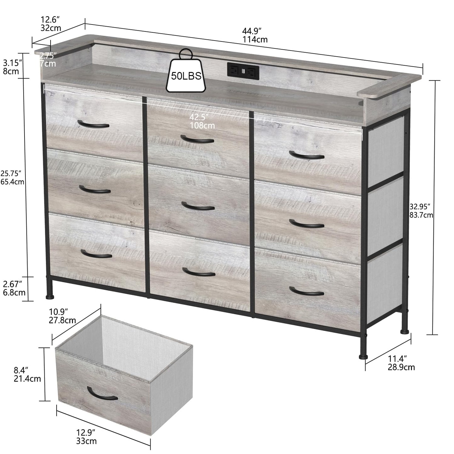EXOTICA Dresser with Charge Station 9 Drawers Dresser for Bedroom with LED Lights Tall Wide Fabric Dressers & Chests of Drawers for Closet Hallway Entryway Sturdy Steel Frame Wood Top