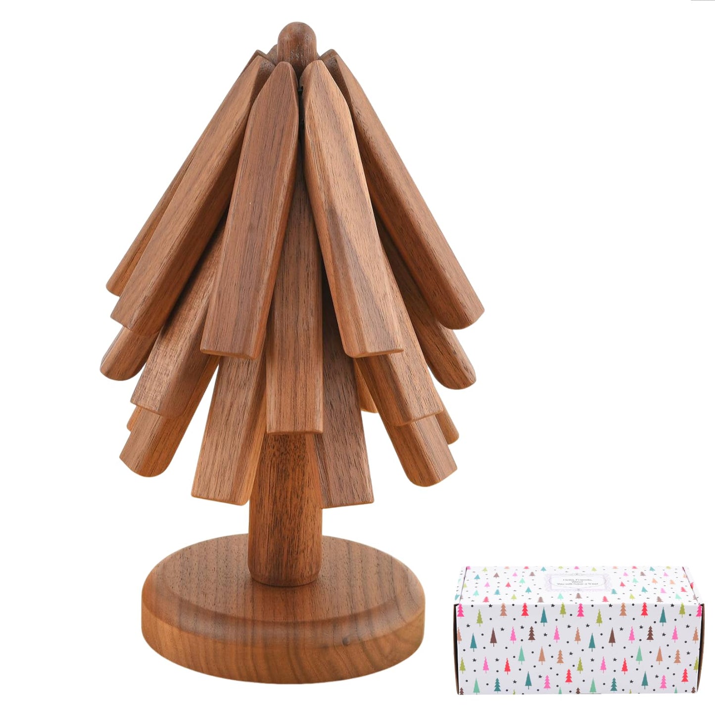 Wooden Tree Trivets for Hot Dishes, Tree Coasters Set for Hot Pot, Bowl, Teapot – 3 Wood Trivets + 1 Stand (Black Walnut, Color Box)