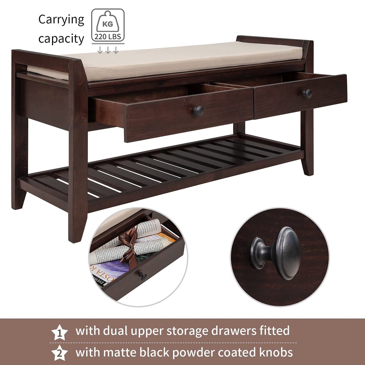 Tzou Storage Bench,39''Storage Living Room Foot Rest with Cushion Seating and Storage Drawers,Multipurpose Wooden Shoe Bench with Bottom Shelf for ntryway Hallway Living Room Bedroom Espresso