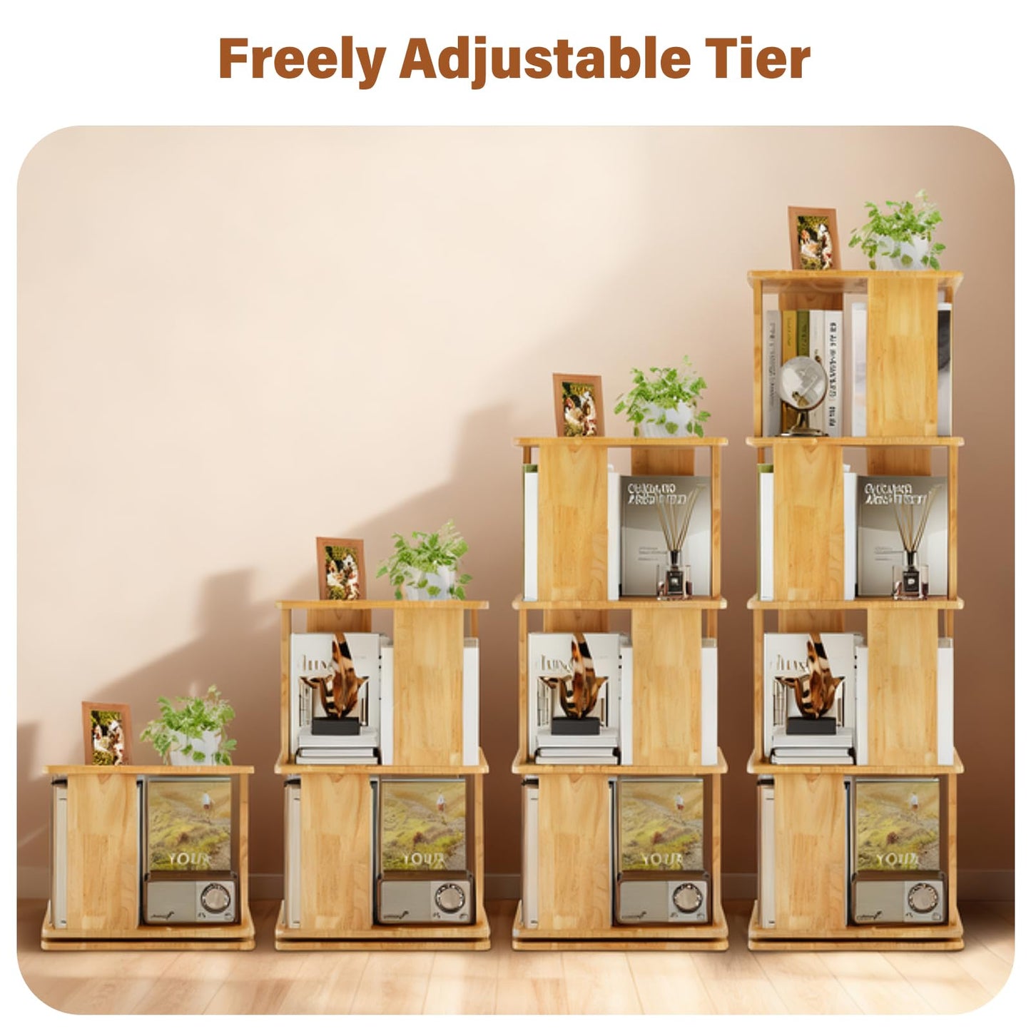 Natural Wooden 4-Tier 360° Rotating Bookshelf Tower, Stable Square Spinning Revolving Corner Bookcase, Floor Standing Narrow Storage Organizer for Kids & Adults, Space Saving Book Rack for Bedroom