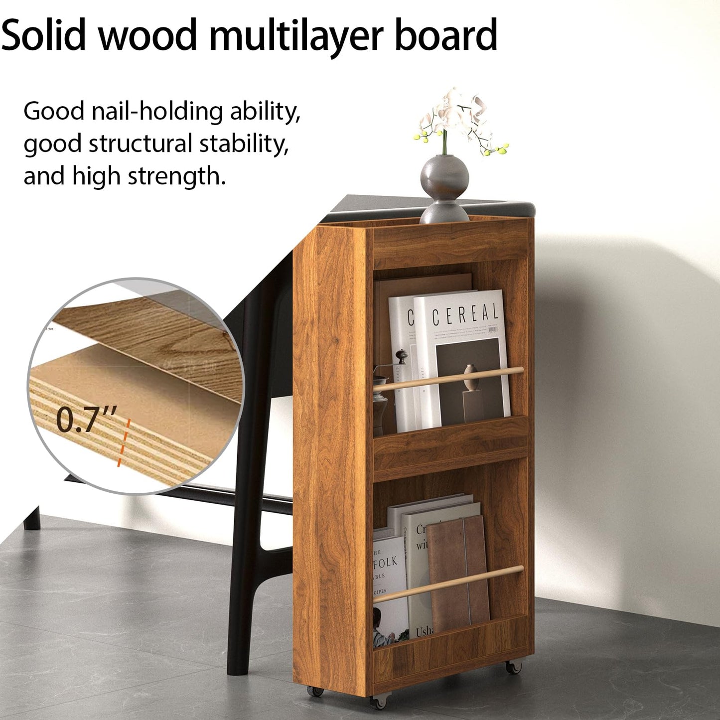Movable Magazine Rack with Wheels, Wooden Vertical Display Organizer, Newspaper & Literature Holder, Multi-Purpose Storage Shelf for Office, Bedroom, Boutique, and Retail Black 15.7''*5.9''*29.5''