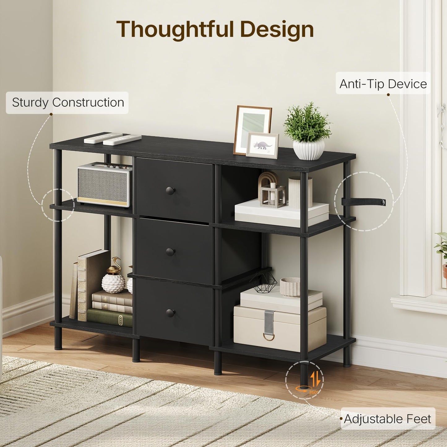 YATINEY TV Stand with 3 Fabric Drawers, Tall TV Stand, 3-Tier Media Console Table with Wooden Shelves, Entertainment Center, for Bedroom, Living Room, Home Office, Black DS15BB