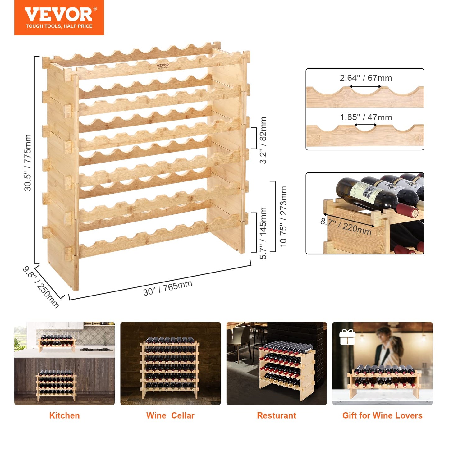 VEVOR 8-Tier 72 Bottles Stackable Modular Wine Rack, Freestanding Wines Holder Display Shelf, Solid Bamboo Wood Storage Racks, Wobble-Free Shelves for Kitchens, Dining Rooms, Cellars, Natural Color