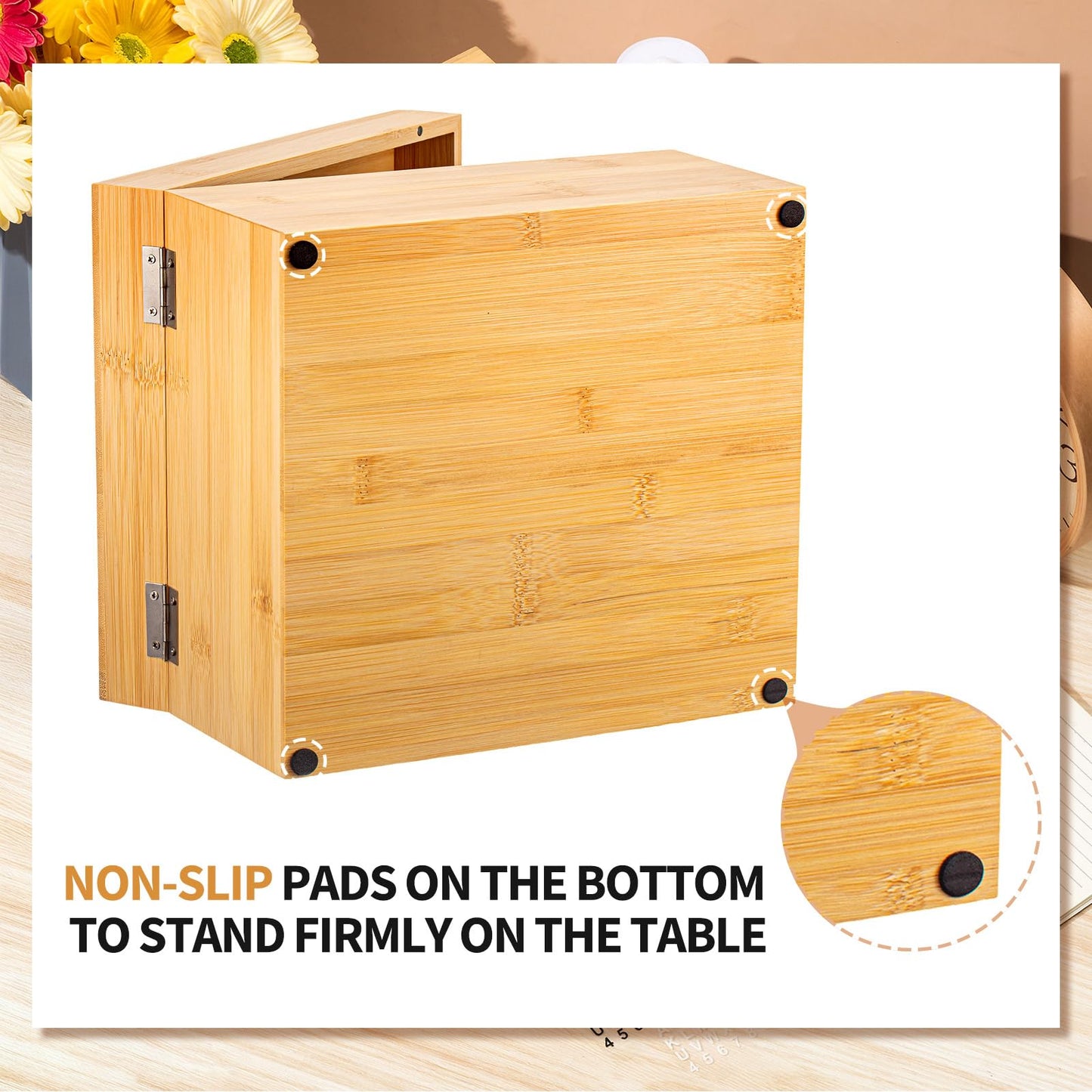 Henoyso 5 x 8 Inch Index Card Holder Set, Bamboo Organizer Box with 50 Dividers & 2 Sheets Alphabet Number Stickers File Note Holders, Holds 1200 Cards for Office Business Home Kitchen, Wooden Color