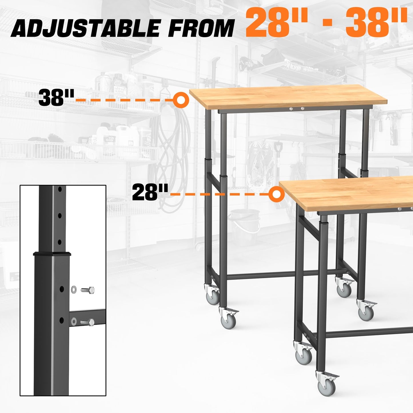 TORACK Adjustable Workbench with Rubberwood Top, Rolling 32" x 18" Heavy-Duty Garage Work Table with Wheels, Height Adjustable 28"–38"