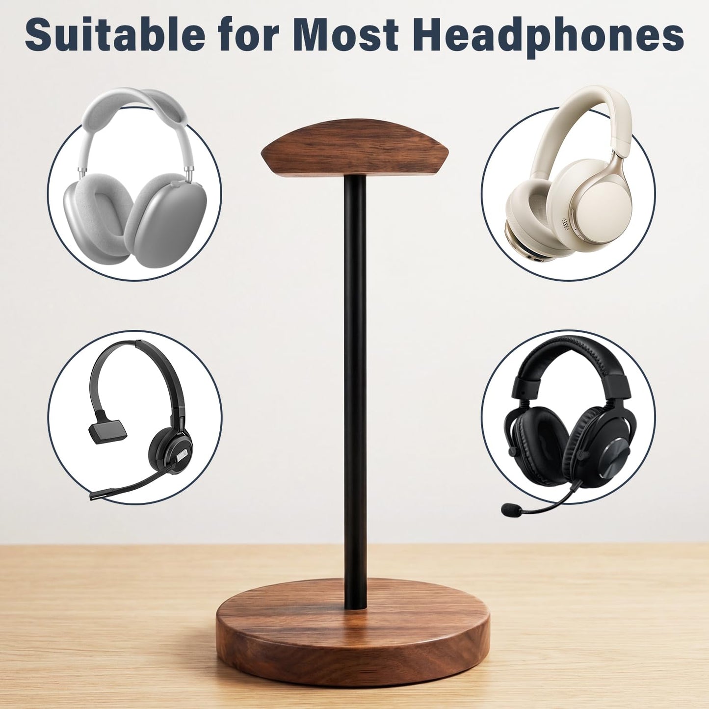 MTKITDER Wood & Metal Headphone Stand, Headset Holder for Desk, Desktop Gaming Headphone Hanger with Stable Non-Slip Bamboo Base, Universal Earphone Stand for Gaming, Office, Home, Gift