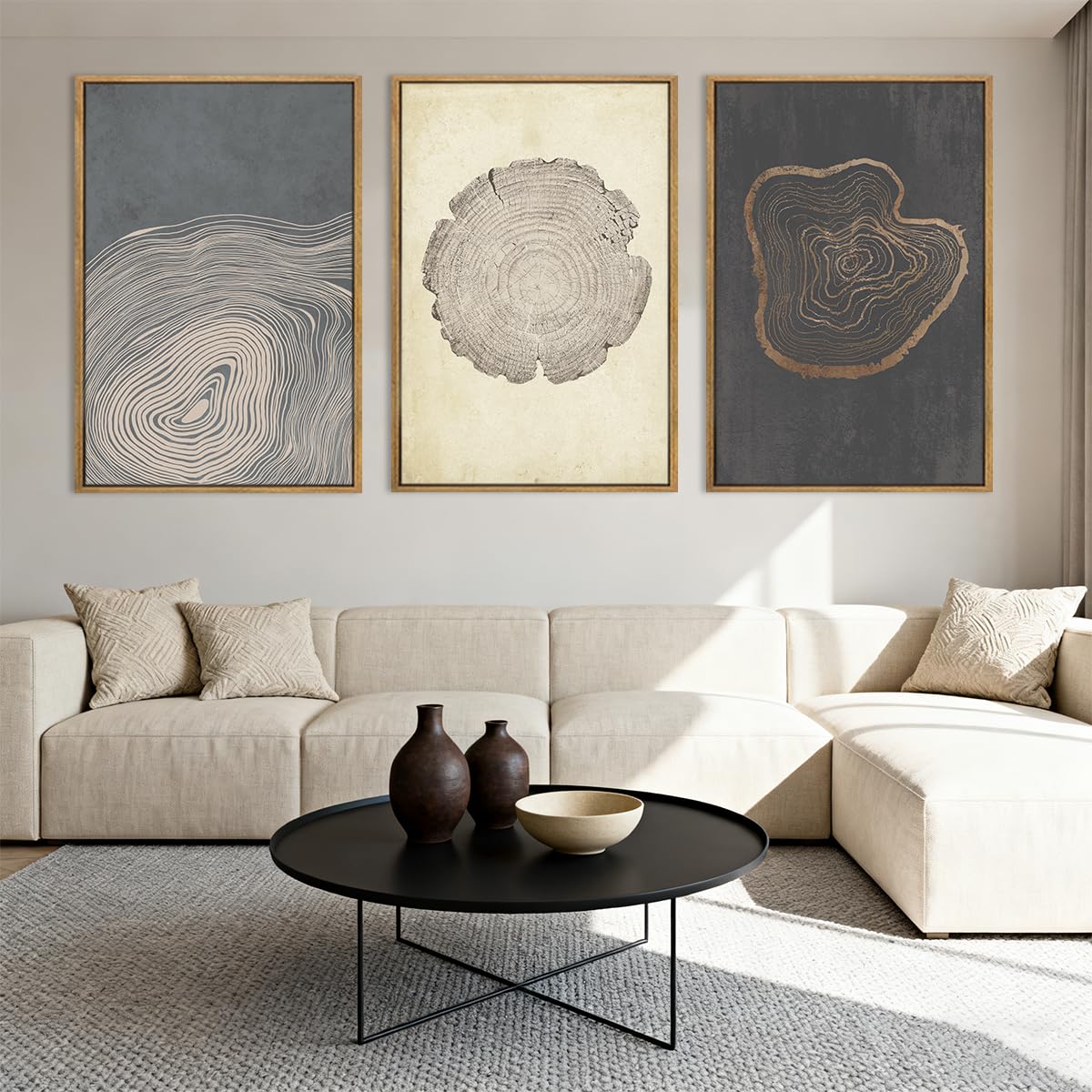 Anyzal Neutral Abstract Tree Ring Wall Art Black Beige Gray Wood Stump Wall Decor Modern Minimalist Tree Spiral Art Prints for Living Room Bedroom Dining Room 16x24 Inch 3 Pieces