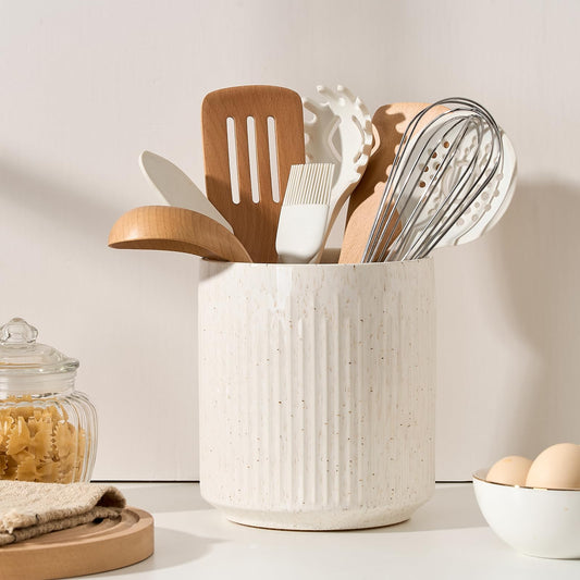 JIEMEI HOME Kitchen Utensil Holder, 7.2" Large Ceramic Stable Utensil Crock for Countertop, Utensil Organizer with Cork Mat, Removable Bamboo Divider for Easy, Kitchen Decor, Aged Ivory Speckle