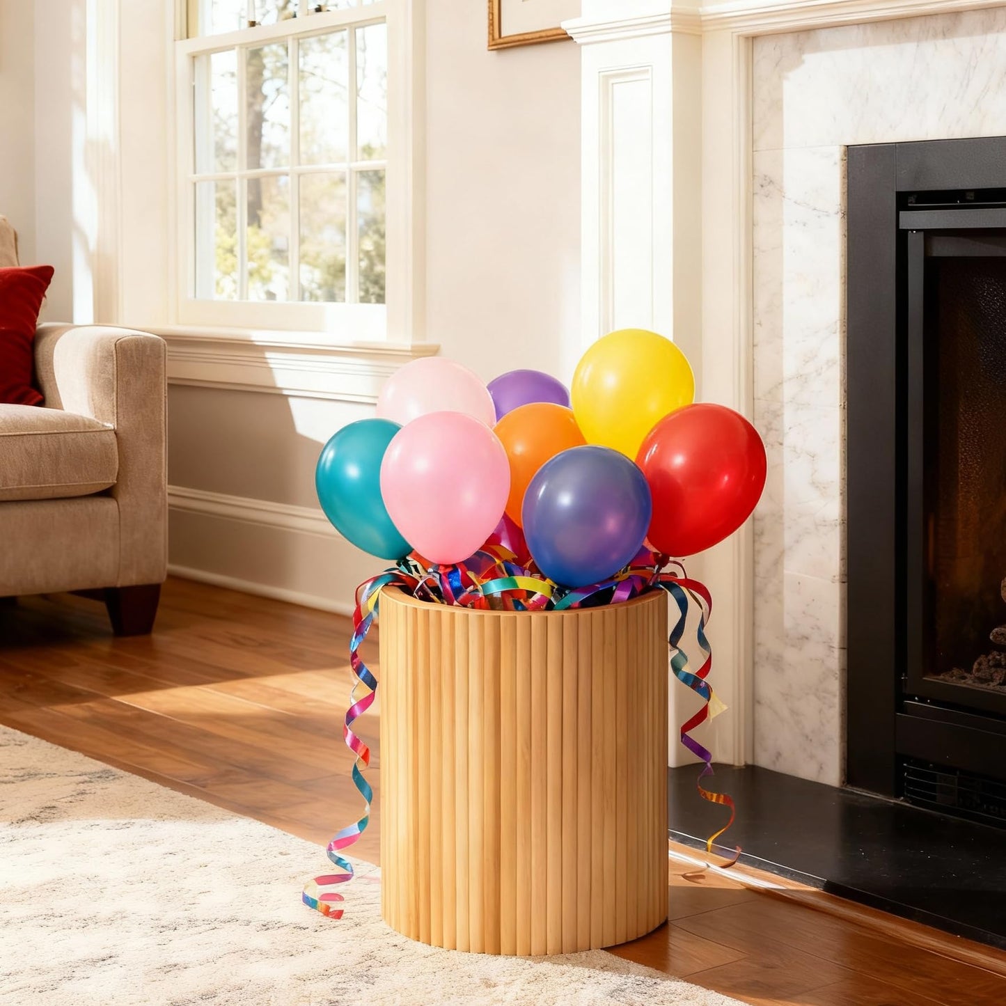 SHYFOY Fluted Wooden Round Indoor Outdoor Planters, Cylinder Decorative Floor Vase Flower Plant Pots for Living Room Dining Bedroom Home Corner