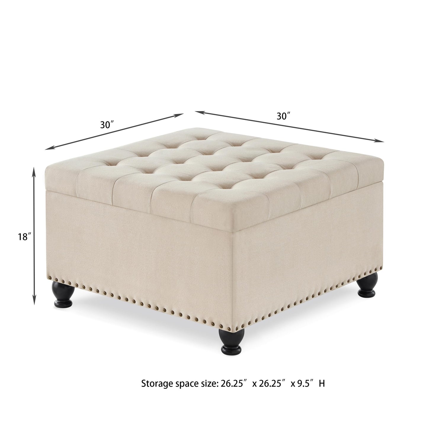 ACQCA Large Square Storage Ottoman with Wooden Legs, Upholstered Button Tufted Coffee Table with Nail Trims for for Living Space,Beige
