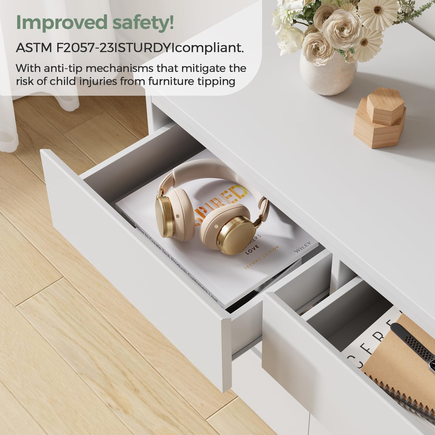 Jocoevol Modern White 9 Drawer Dresser for Bedroom, Simply Chest of Drawers, Wood Storage Dresser with Deep Drawers for Living Room Hallway Entryway (White)