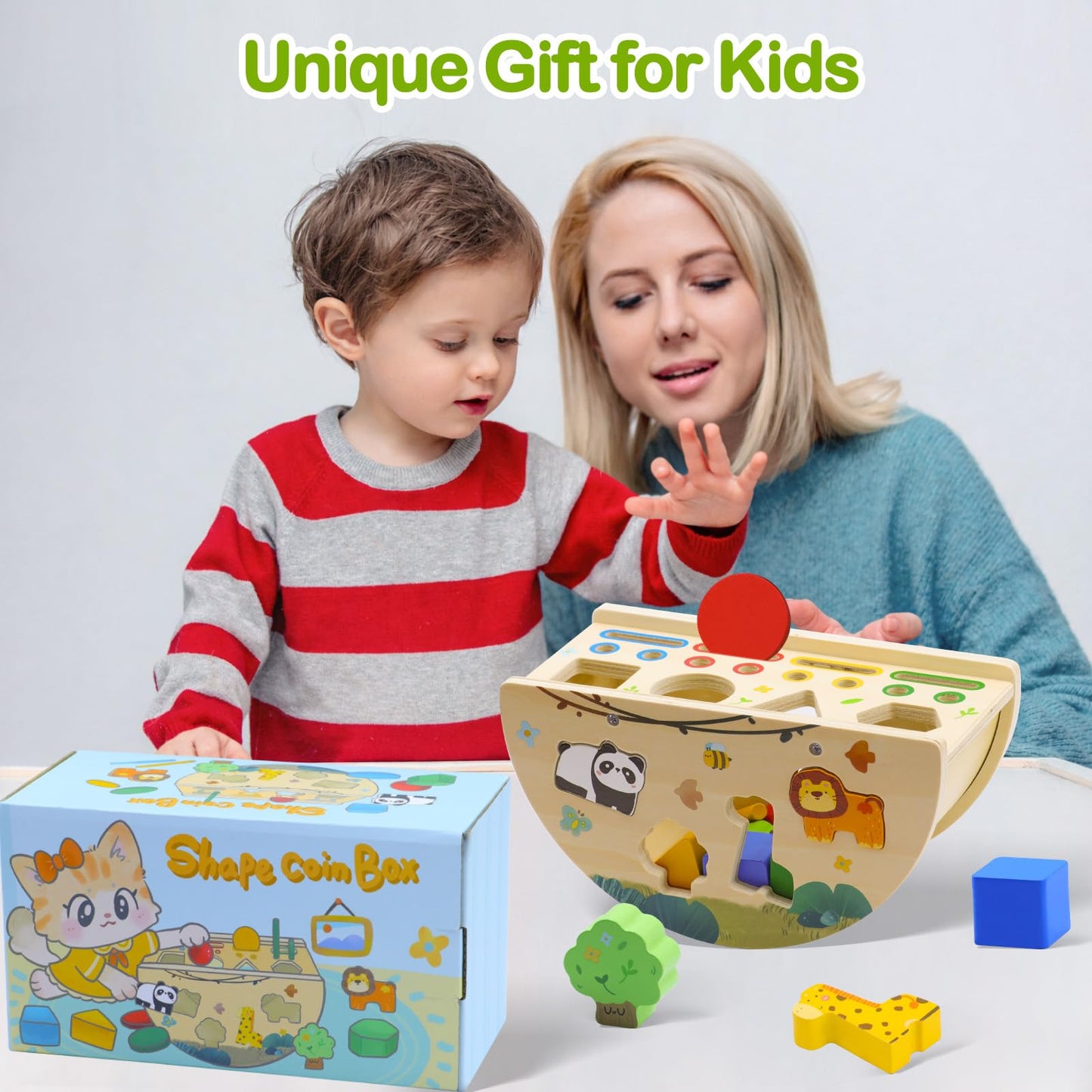 Humerry Montessori Busy Box for Toddlers 1-3, Wooden Object Permanence Coin Box with Shape Sorter & Animal Matching, Fine Motor Sensory Learning Toy with Wobble Base, Gift for 1 2 3 Year Old