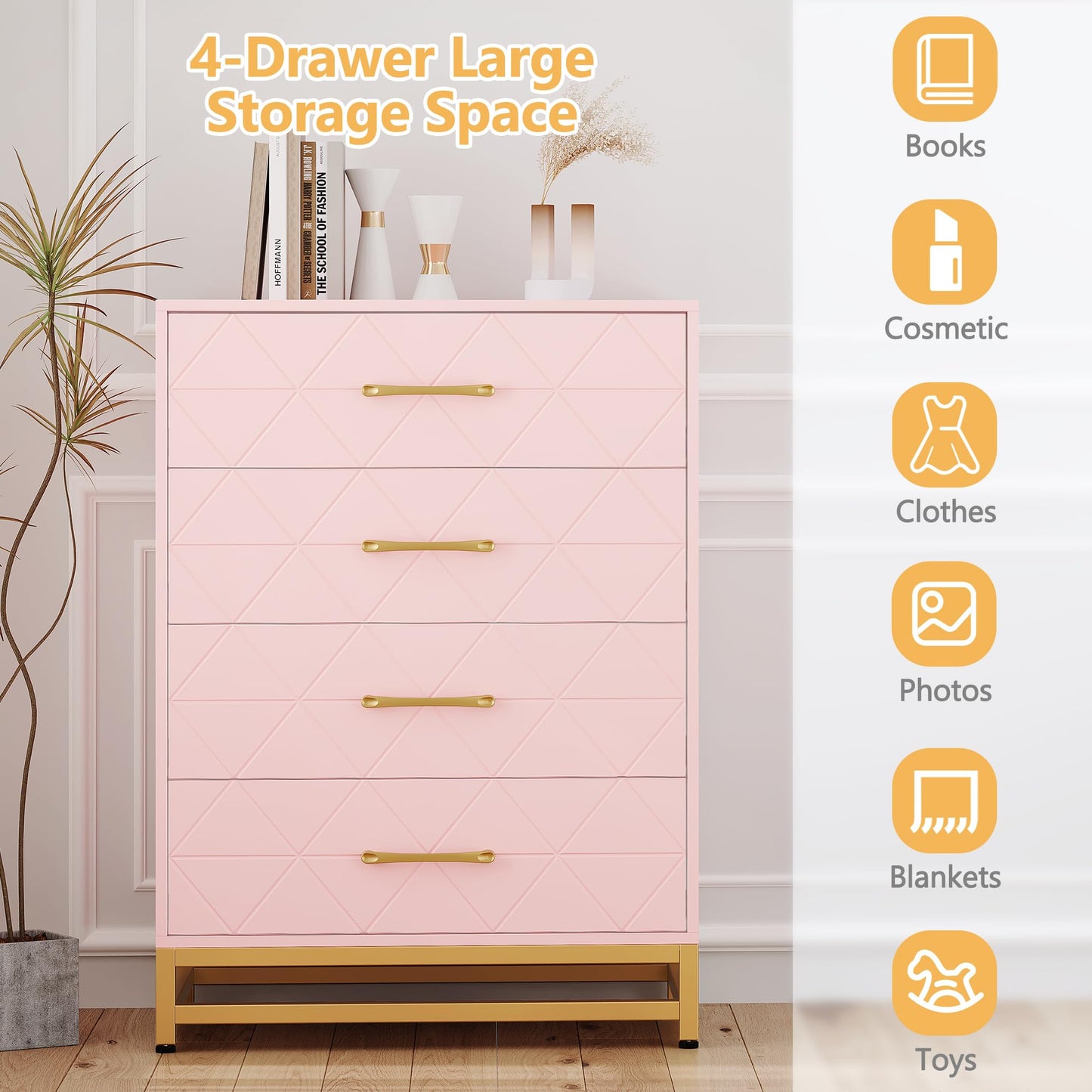 GarveeHome Wooden Dresser for Bedroom, Dressers & Chest of Drawers with 4 Drawer, Wood nightstand for Storage and Organization (Pink)