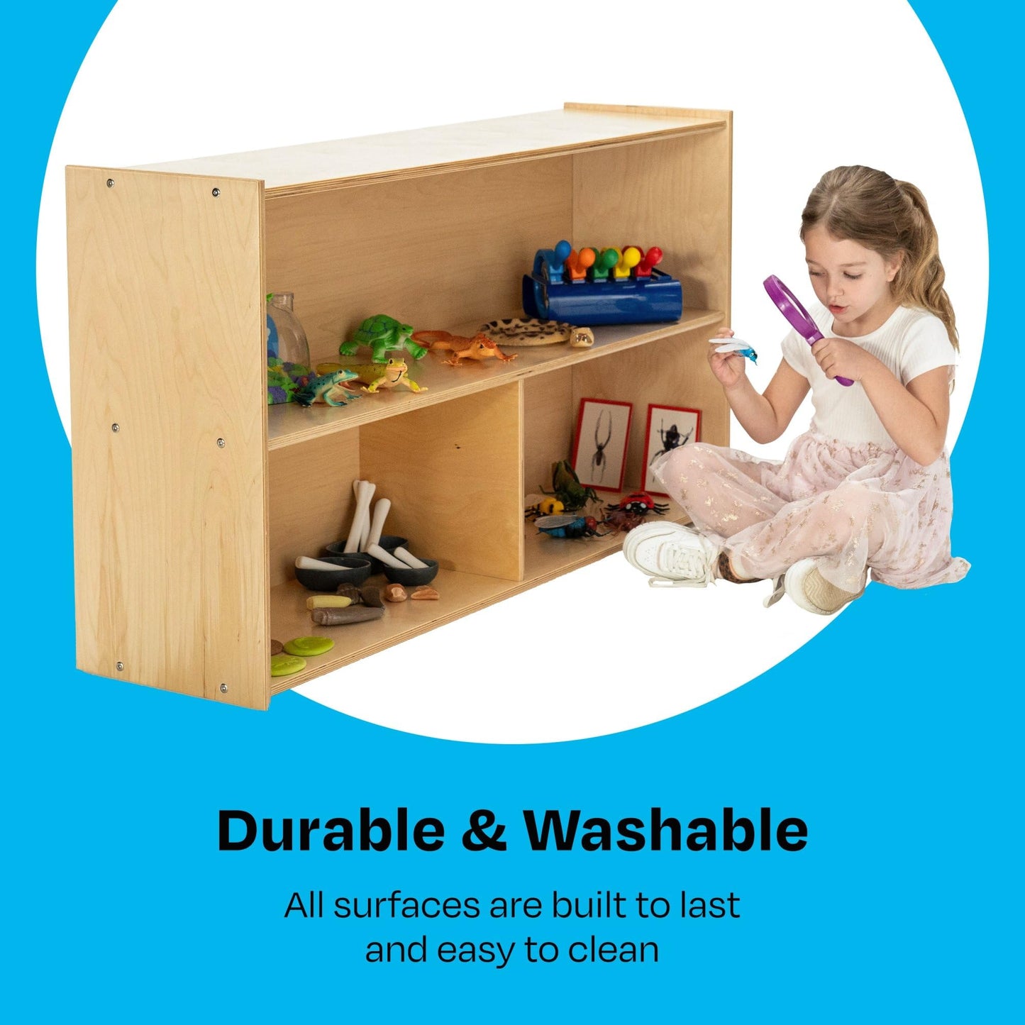 Childcraft ABC Furnishings 2-Shelf 3-Compartment Storage Unit for Classrooms and Homes, Wooden Bookshelf and Organizer, 48 x 13 x 27-3/8 Inches