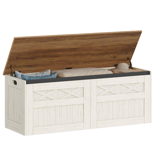 Hzuaneri 47.2" Storage Chest, Large Storage Bench with 2 Hinges, Farmhouse Wooden Box Bench, Lift-Top Organizer Chest, Wooden Bed End Bench, Suitable for Entryway, Bedroom, Retro White SB51214X