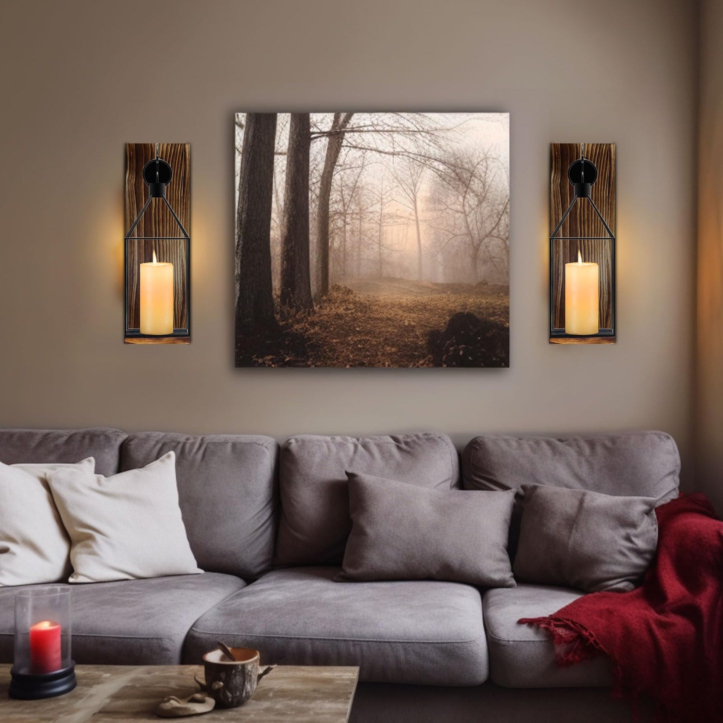 Staymoment Candle Sconces Wall Decor: Set of 2 Farmhouse Wood Candle Holder Indoor Black Metal Lantern Decorations for Living Room Front Porch Yard
