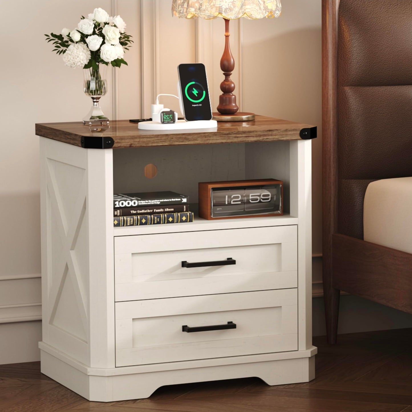 Yusong 23.62” Tall Farmhouse Nightstand, Rustic Wooden Night Stand with Charging Station, Beside Table with Drawers and Open Storage, End Tables for Bedroom, Cream White 003
