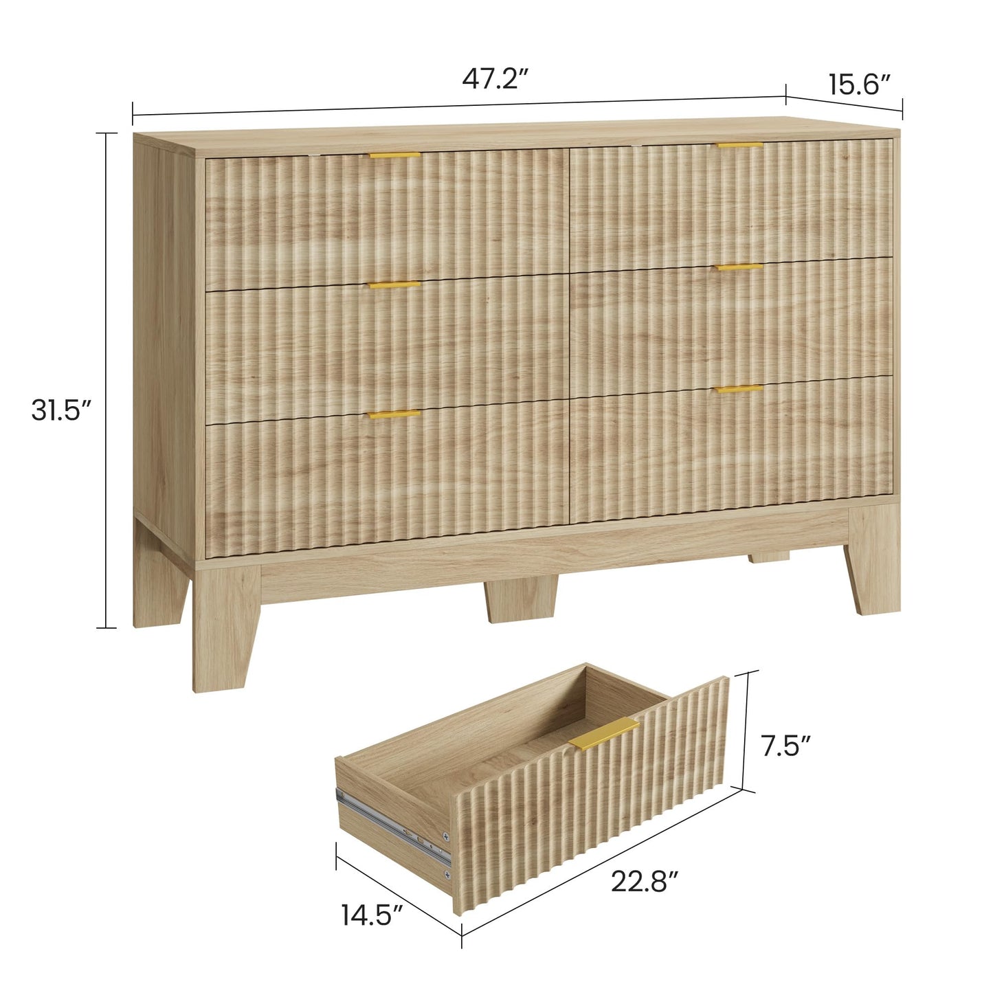 Garvee 6 Drawer Dresser for Bedroom, 47" Wide Fluted Chest of Drawers with Metal Handle, Modern Wooden Dresser TV Stand, Clothes Storage Organizer Wood Closet for Hallway, Entryway, Natural Oak