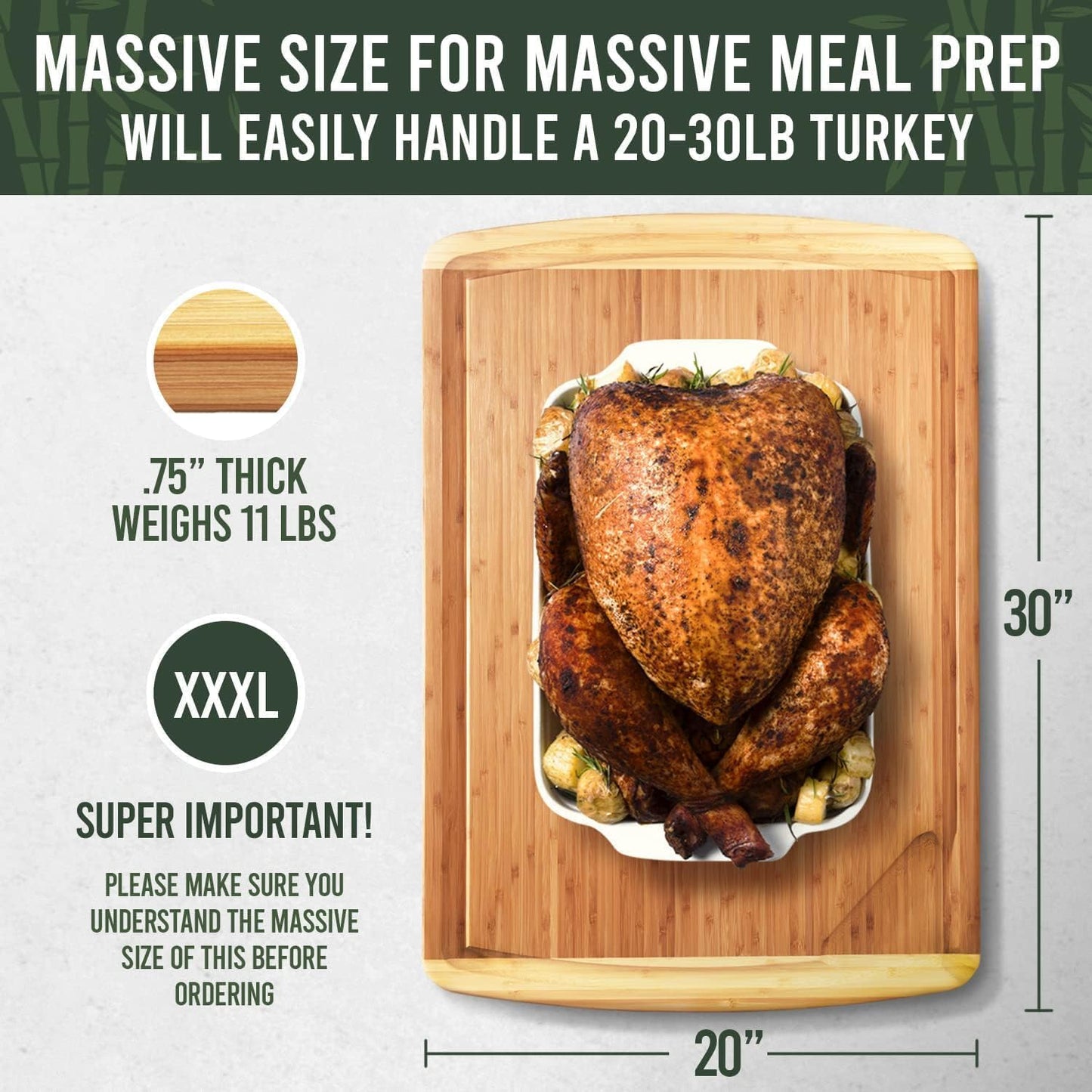 Greener Chef 30 x 20 Organic Extra Large Cutting Board with Lifetime Replacements – Wood Bamboo Chopping Board - Wooden Butcher Block Cutting Board for Carving Turkey, Grilling Brisket and BBQ