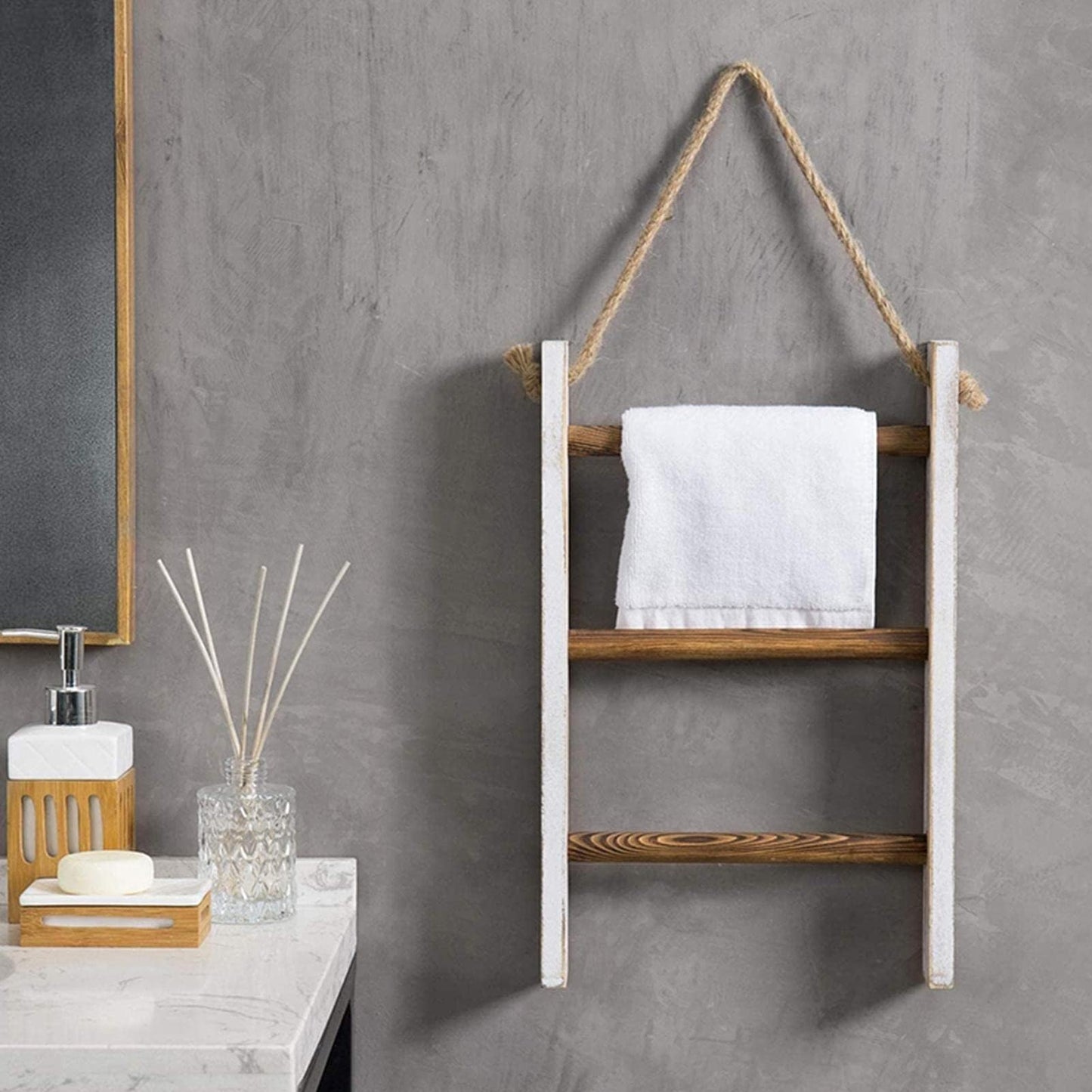 Wooden Old Three-Layer Shelf Bathroom Bathroom Towel Scarf Storage Rack Wall-Mounted Hemp Rope Trapezoidal Hanger Decorative Rack, for Rustic Bathrooms(C)