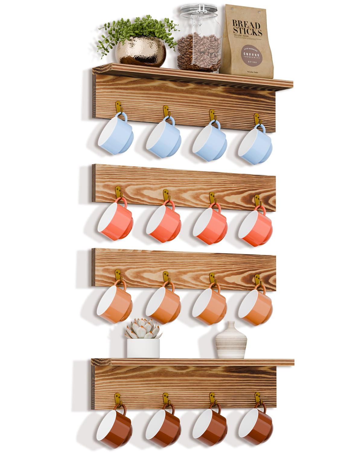 TRSPCWR Coffee Mug Rack Wall Mounted - Coffee Mug Holder with 16 Hooks and Display Shelf, 4 Tier Rustic Wood Bar Cup Organizer for Home Kitchen Display and Collection