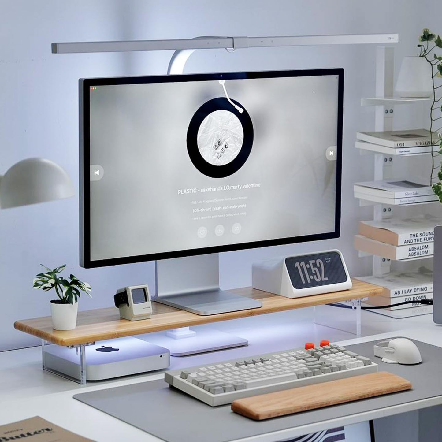 ROCDEER Wood Vanity Tray and Bamboo Dual Monitor Stand Riser with RGB Lights Natural